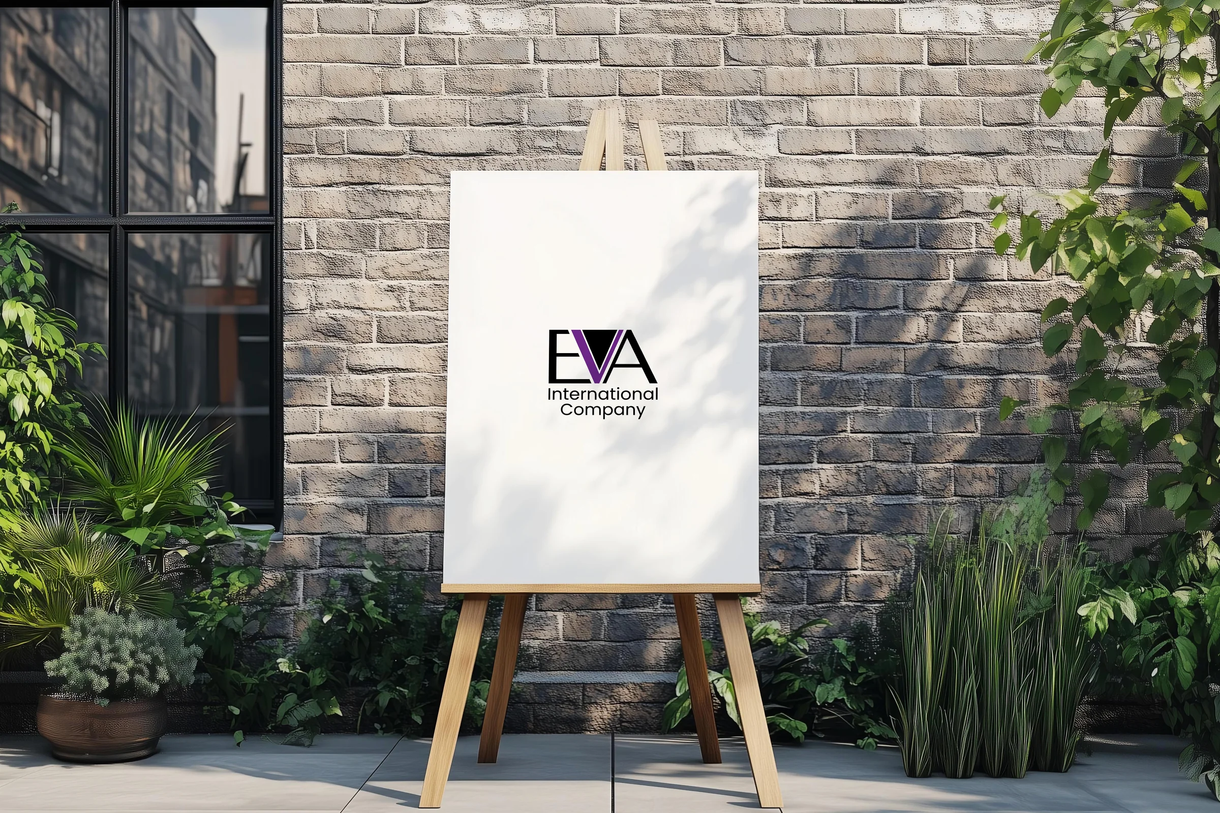 Logotipo EVA International Company em mockup de tela